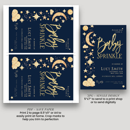 Celestial Baby Sprinkle Invitation Download – Navy and Gold Moon & Stars Editable Digital Baby Shower Invite Template CL09