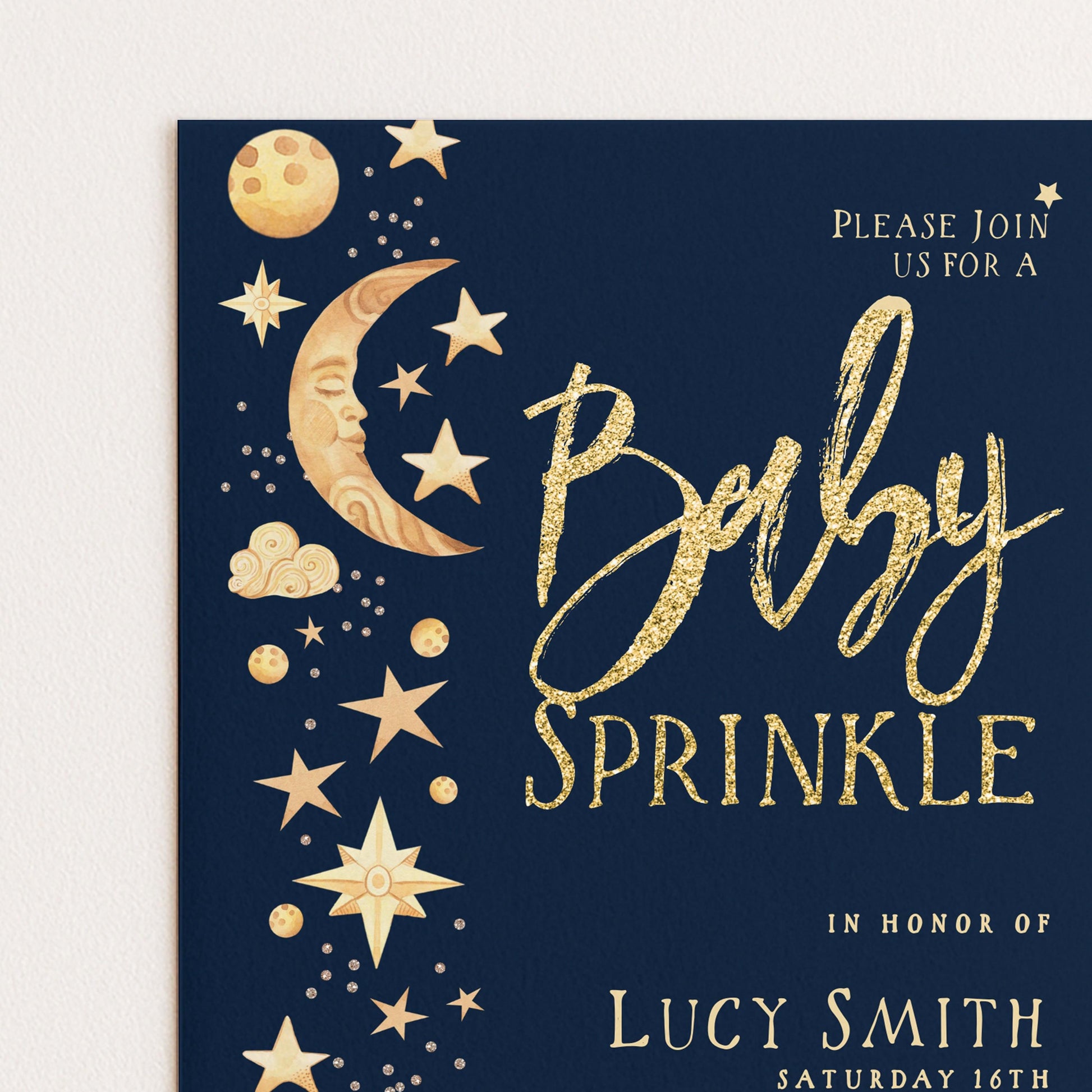 Celestial Baby Sprinkle Invitation Download – Navy and Gold Moon & Stars Editable Digital Baby Shower Invite Template CL09