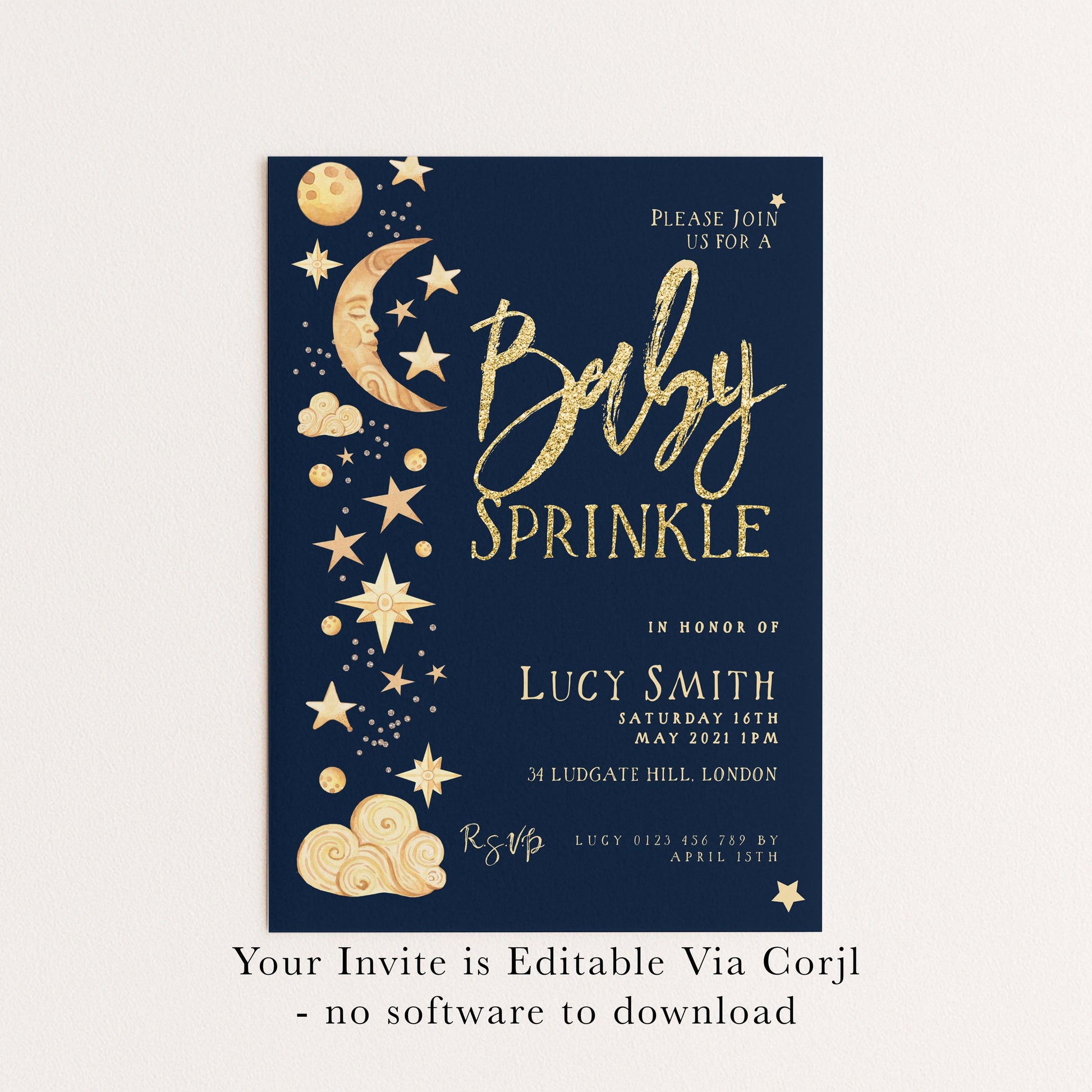 Celestial Baby Sprinkle Invitation Download – Navy and Gold Moon & Stars Editable Digital Baby Shower Invite Template CL09
