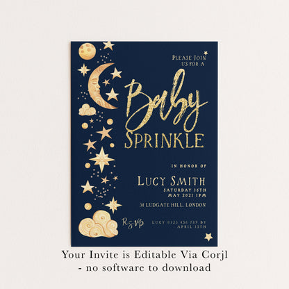 Celestial Baby Sprinkle Invitation Download – Navy and Gold Moon & Stars Editable Digital Baby Shower Invite Template CL09