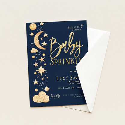 Celestial Baby Sprinkle Invitation Download – Navy and Gold Moon & Stars Editable Digital Baby Shower Invite Template CL09