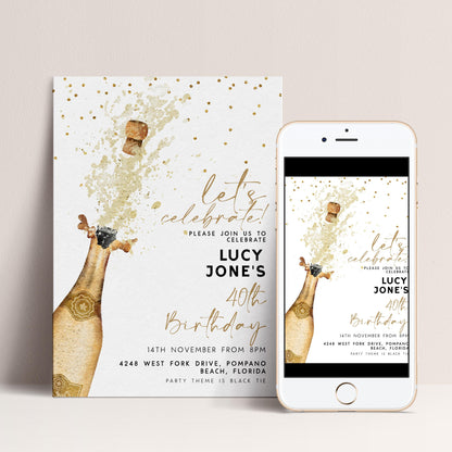 Champagne Birthday Invitation Elegant, Gold Splash Party Invite, Adult Birthday Celebration, Editable Template CH90