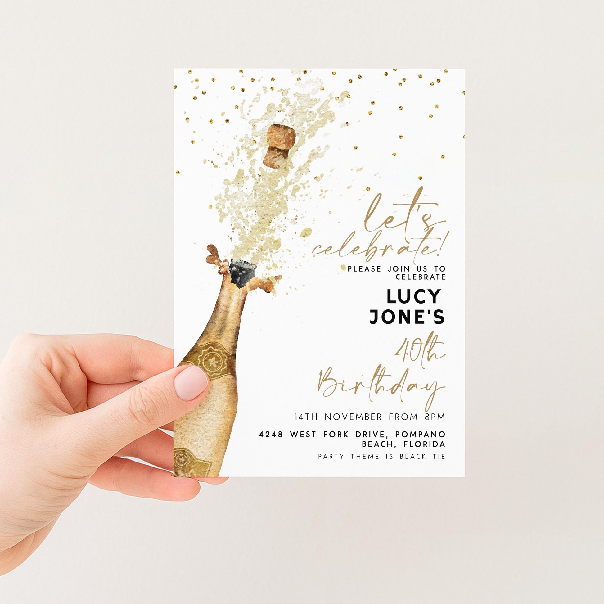 Champagne Birthday Invitation Elegant, Gold Splash Party Invite, Adult Birthday Celebration, Editable Template CH90