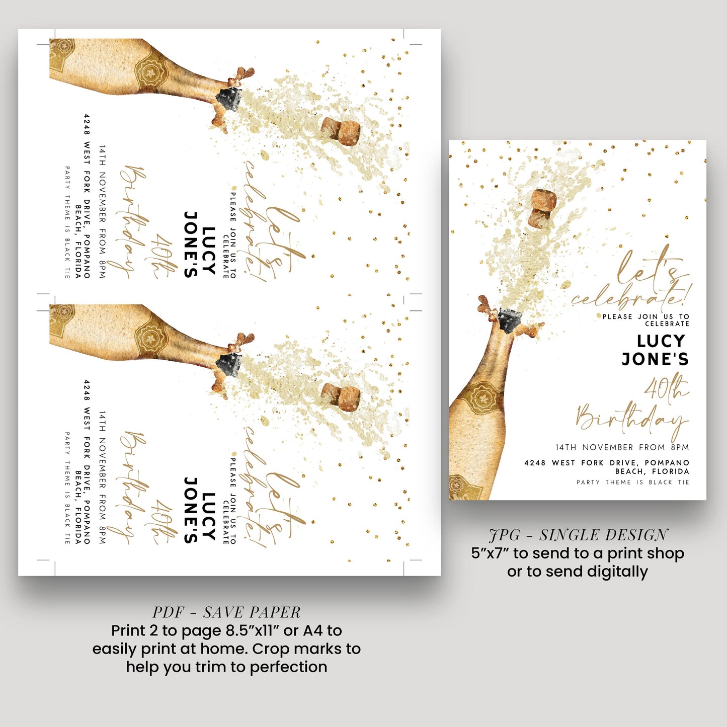 Champagne Birthday Invitation Elegant, Gold Splash Party Invite, Adult Birthday Celebration, Editable Template CH90