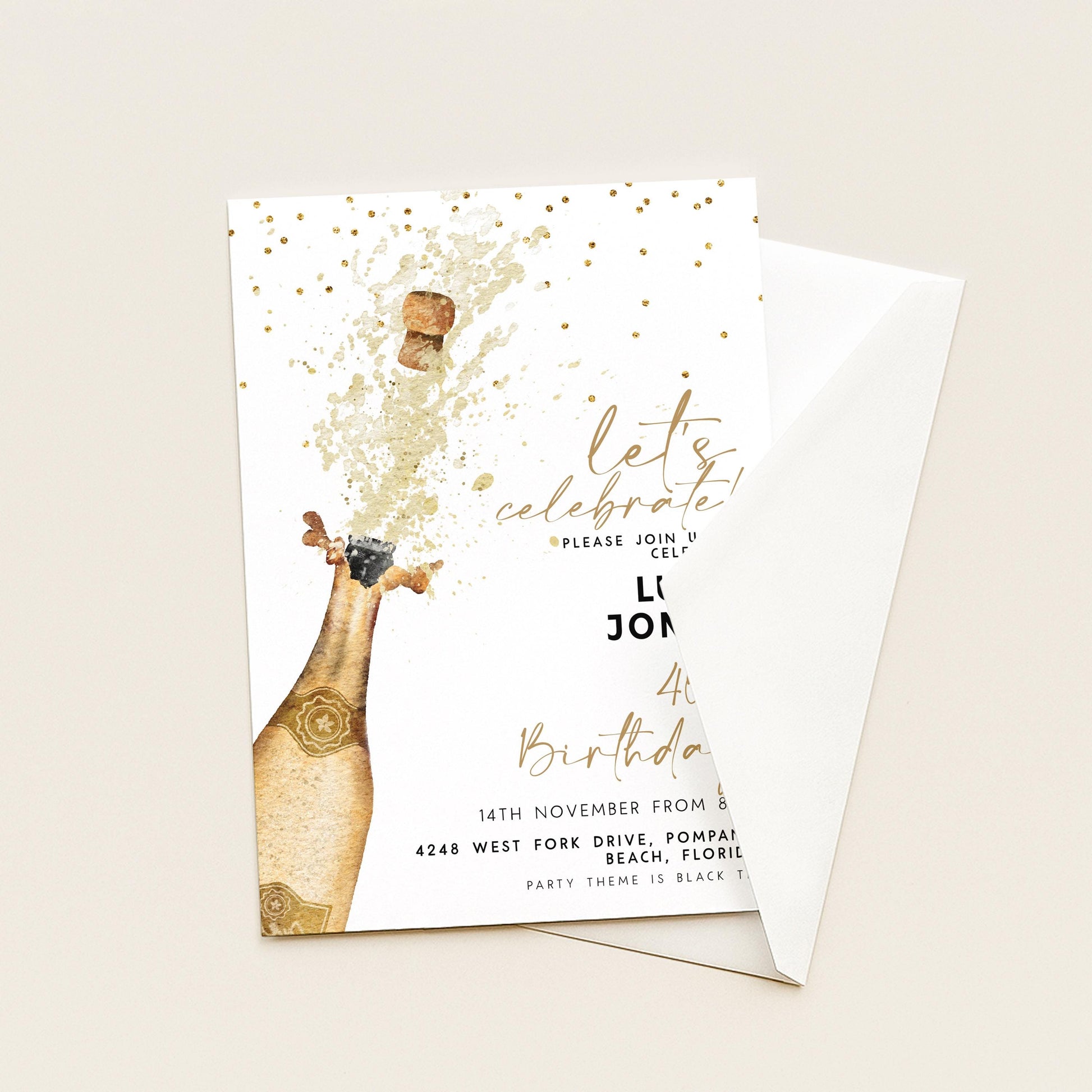 Champagne Birthday Invitation Elegant, Gold Splash Party Invite, Adult Birthday Celebration, Editable Template CH90