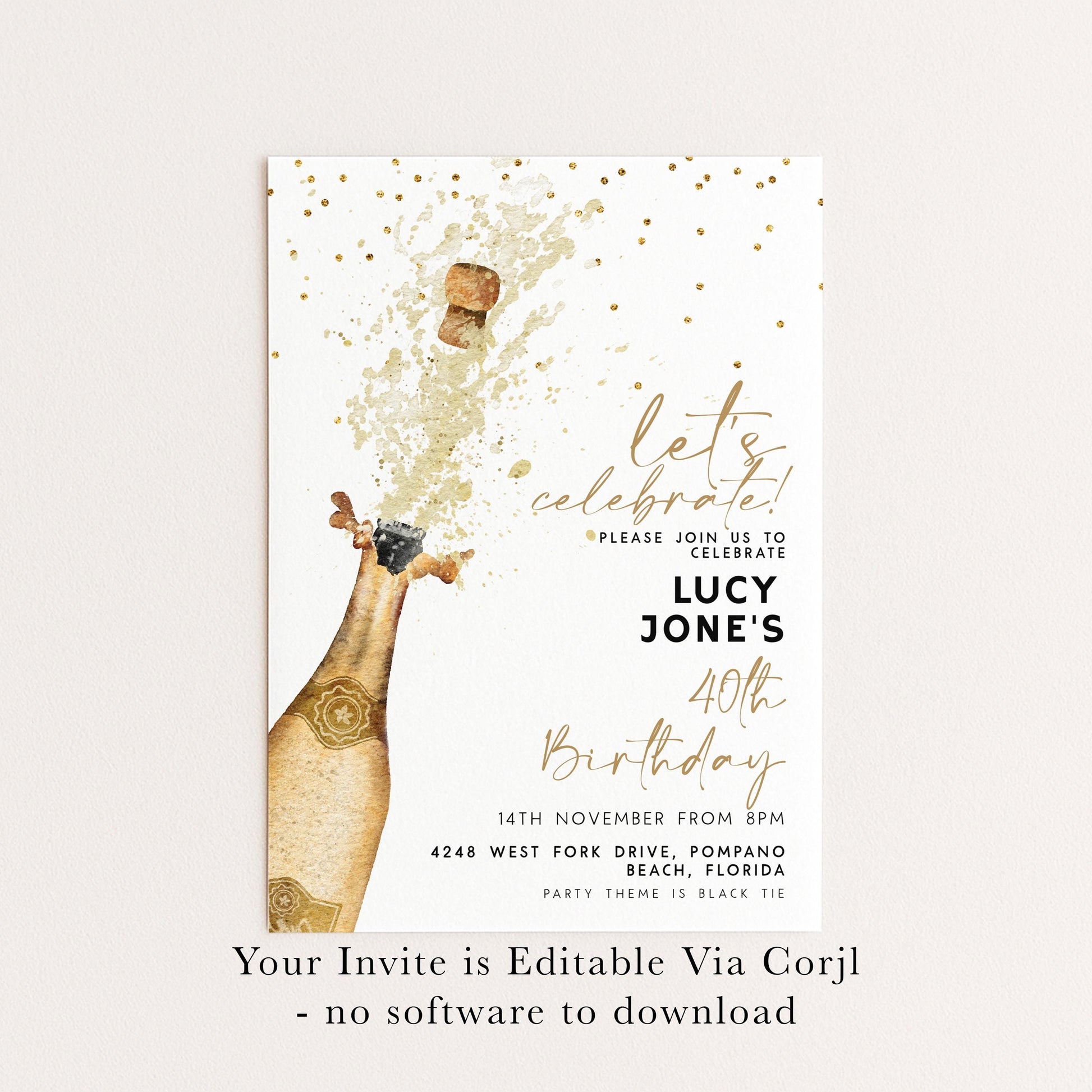 Champagne Birthday Invitation Elegant, Gold Splash Party Invite, Adult Birthday Celebration, Editable Template CH90