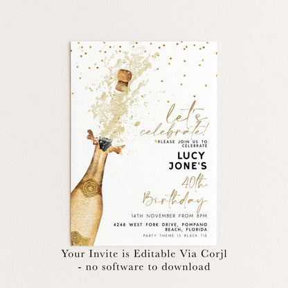 Champagne Birthday Invitation Elegant, Gold Splash Party Invite, Adult Birthday Celebration, Editable Template CH90