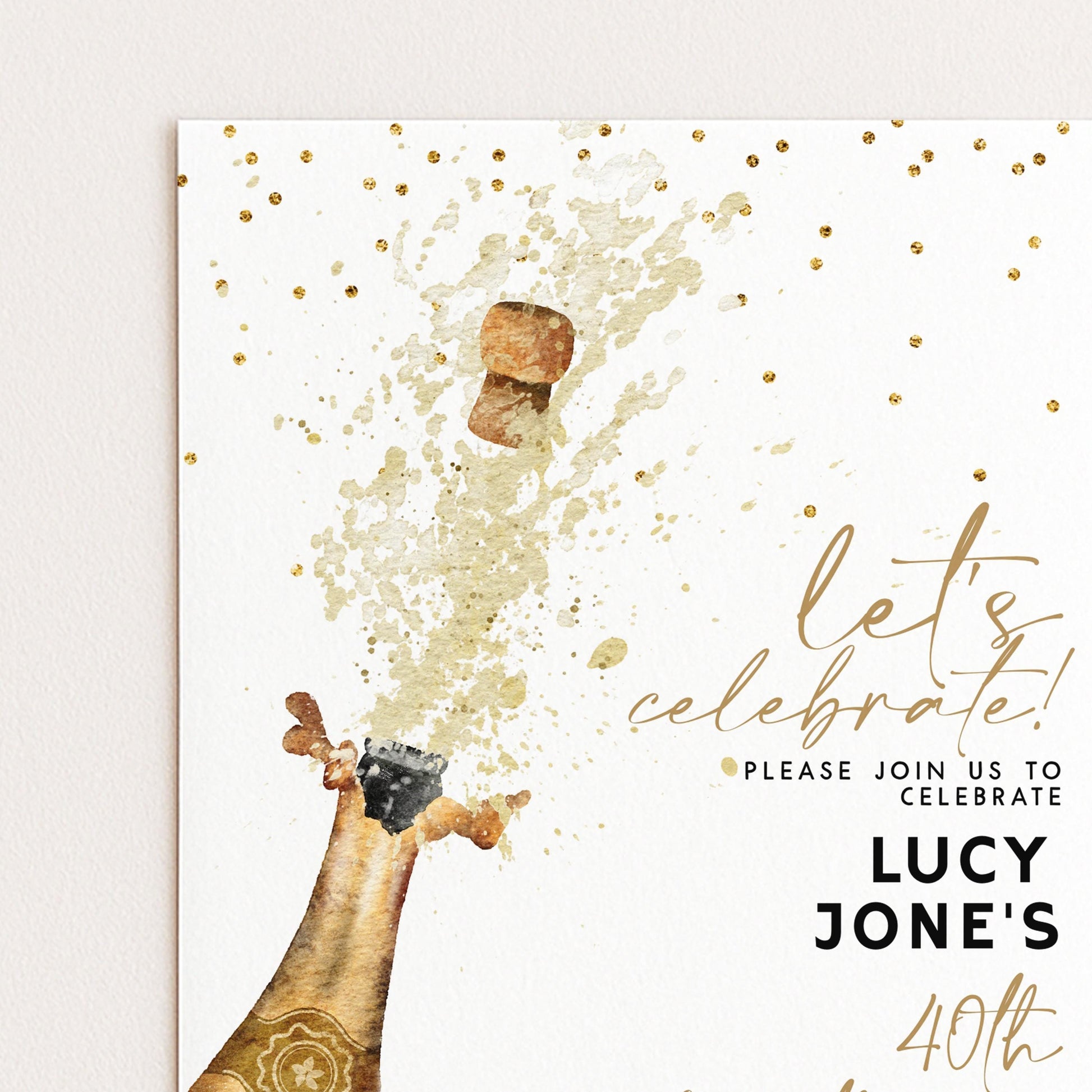 Champagne Birthday Invitation Elegant, Gold Splash Party Invite, Adult Birthday Celebration, Editable Template CH90