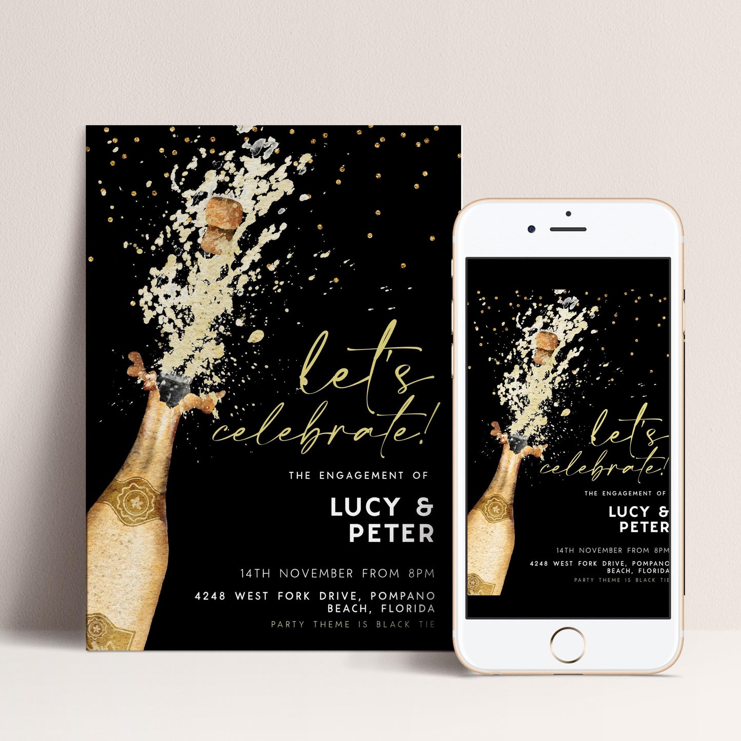 The image is a black and white invitation featuring a champagne bottle with a champagne pop, along with text that reads "Let's celebrate! The engagement of LUCY & PETER".
