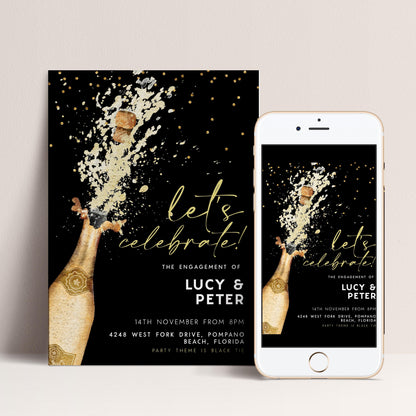 The image is a black and white invitation featuring a champagne bottle with a champagne pop, along with text that reads "Let's celebrate! The engagement of LUCY & PETER".