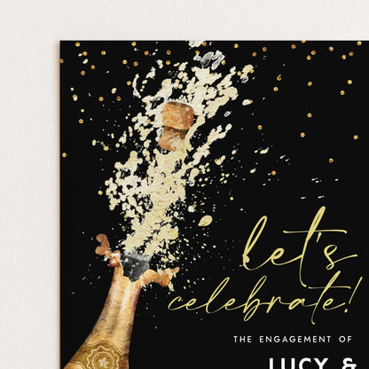 a champagne bottle popping, with a splash of champagne and sparkles, accompanied by the text "let's celebrate! The engagement of LUCY &"