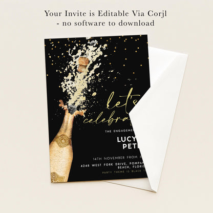 The image is a black and gold invitation card with a champagne bottle and sparkles on it, suggesting a celebratory event.