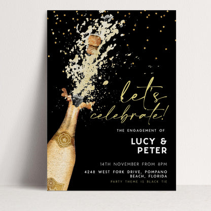 The image is a black and white invitation for a celebration, featuring a champagne bottle with a cork popping out and confetti falling around it.