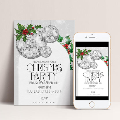 Christmas Party Invitation Disco Ball, Silver Glitter Holiday Party Invite, Modern Christmas Event, Editable Template