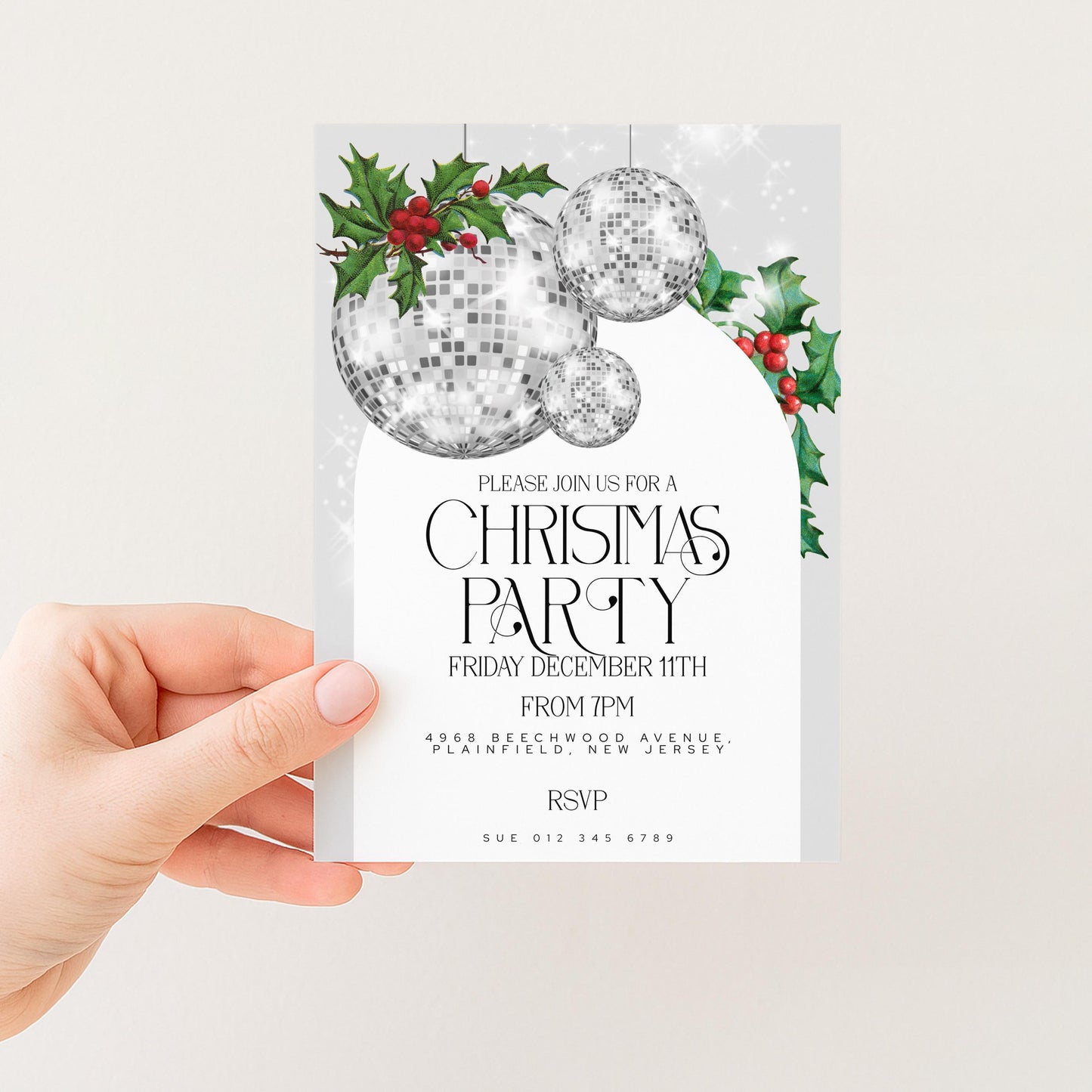 Christmas Party Invitation Disco Ball, Silver Glitter Holiday Party Invite, Modern Christmas Event, Editable Template