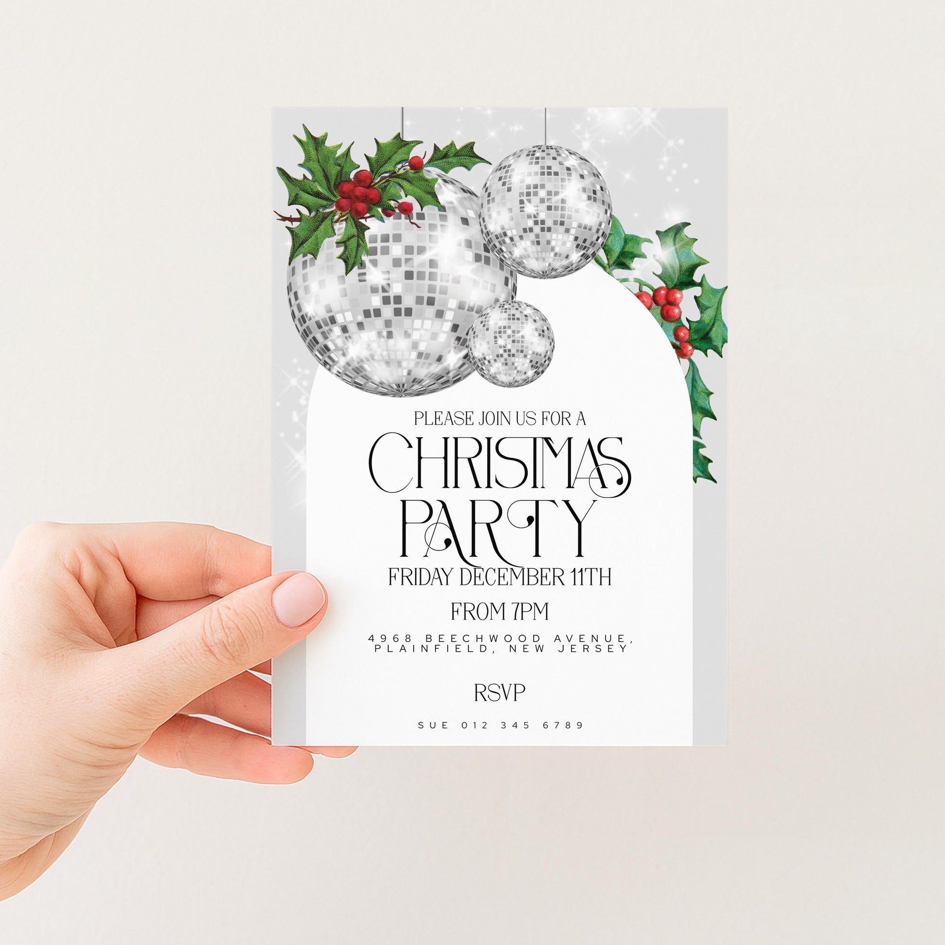 Christmas Party Invitation Disco Ball, Silver Glitter Holiday Party Invite, Modern Christmas Event, Editable Template