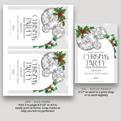 Christmas Party Invitation Disco Ball, Silver Glitter Holiday Party Invite, Modern Christmas Event, Editable Template