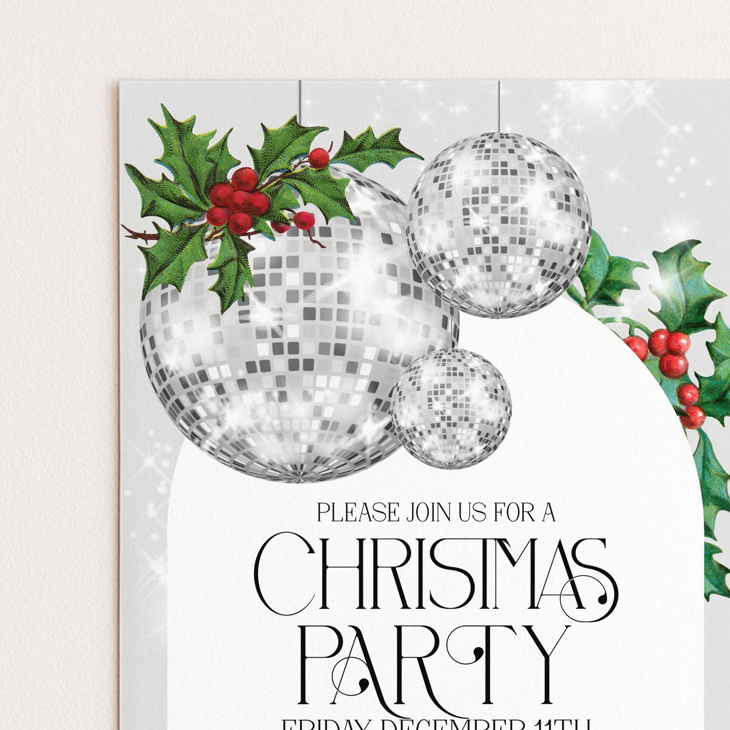 Christmas Party Invitation Disco Ball, Silver Glitter Holiday Party Invite, Modern Christmas Event, Editable Template