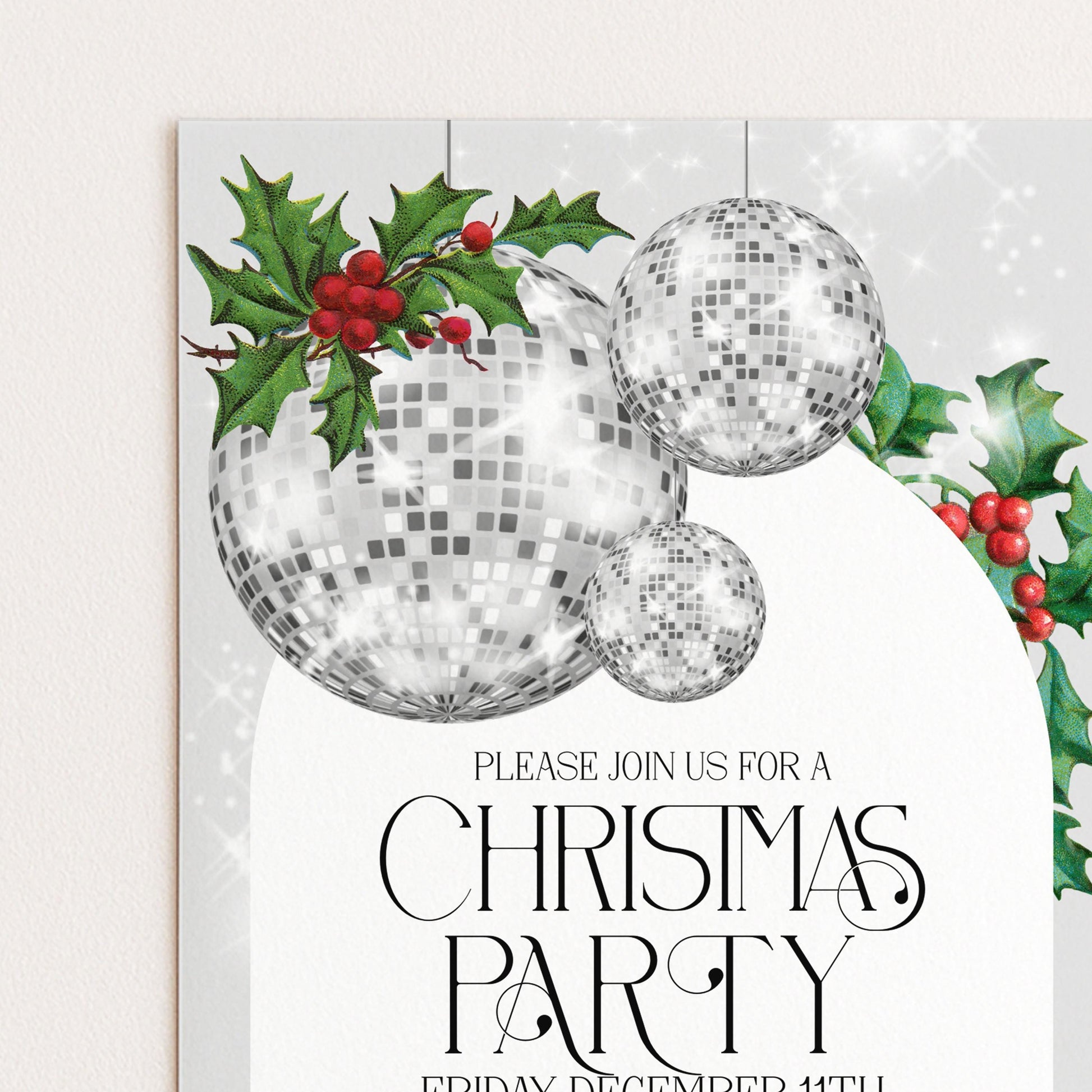 Christmas Party Invitation Disco Ball, Silver Glitter Holiday Party Invite, Modern Christmas Event, Editable Template