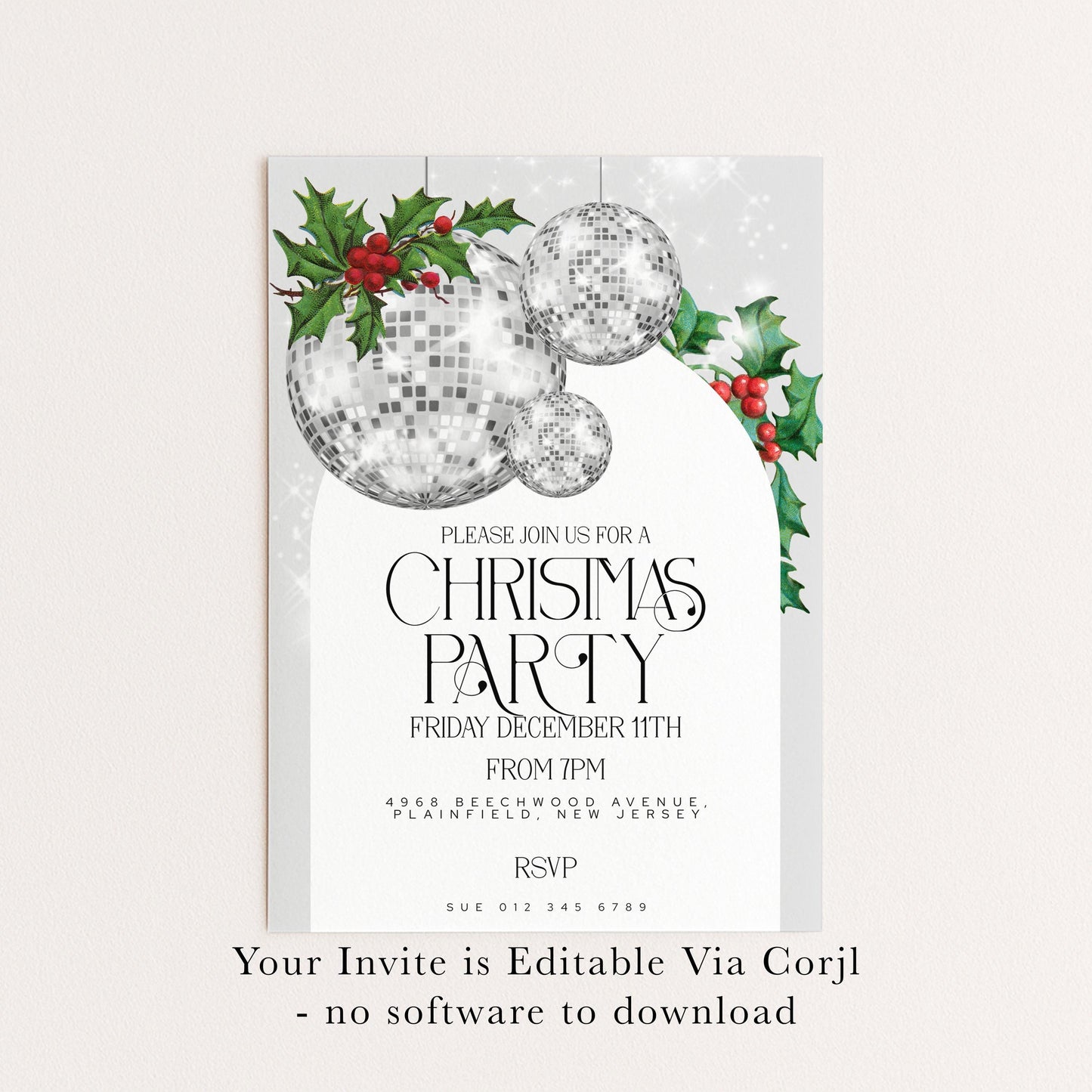 Christmas Party Invitation Disco Ball, Silver Glitter Holiday Party Invite, Modern Christmas Event, Editable Template