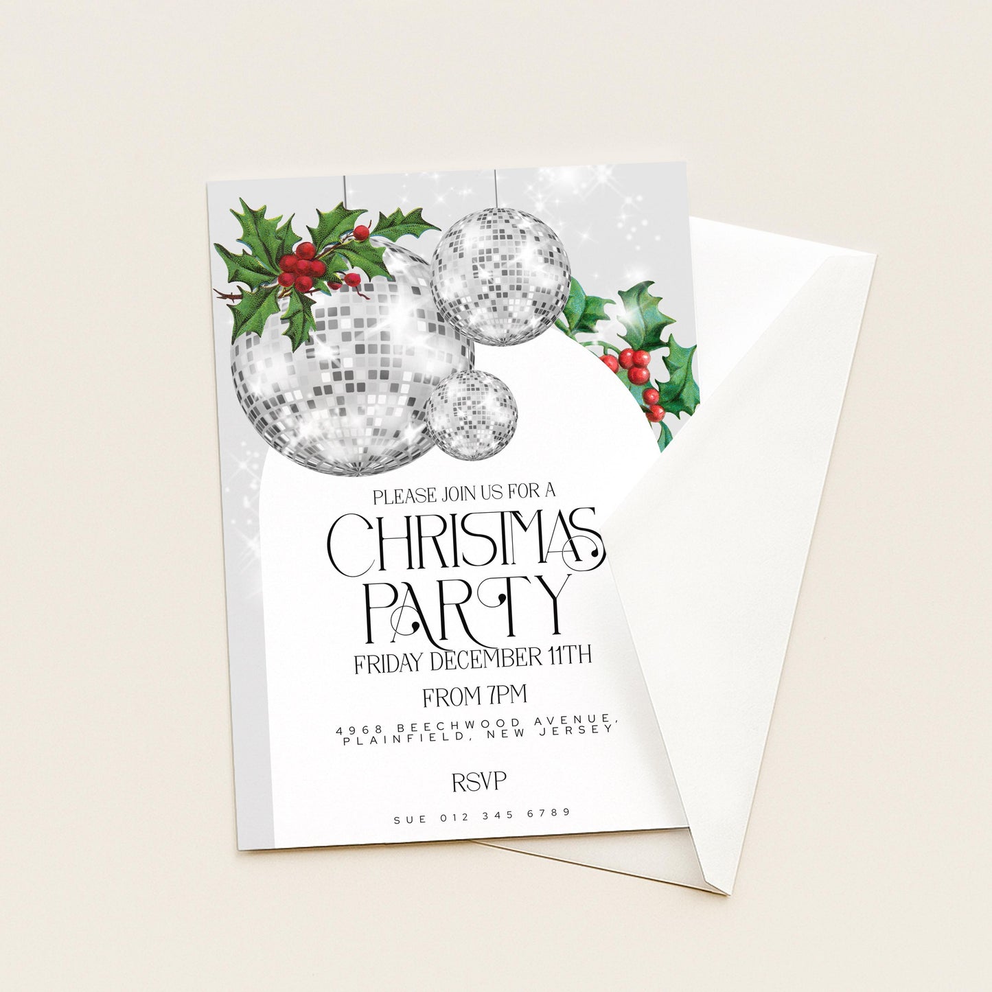 Christmas Party Invitation Disco Ball, Silver Glitter Holiday Party Invite, Modern Christmas Event, Editable Template