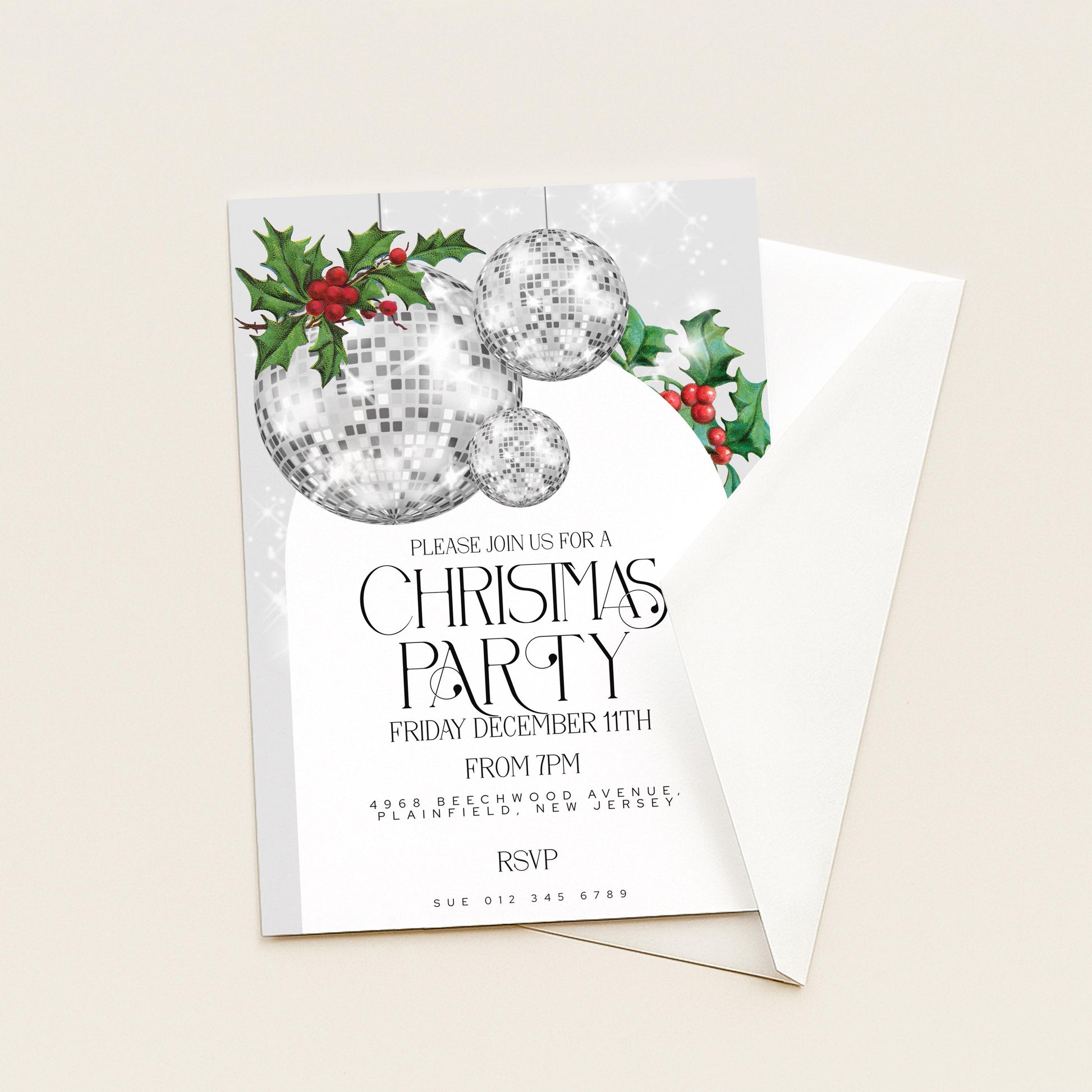 Christmas Party Invitation Disco Ball, Silver Glitter Holiday Party Invite, Modern Christmas Event, Editable Template