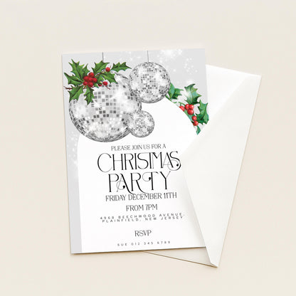 Christmas Party Invitation Disco Ball, Silver Glitter Holiday Party Invite, Modern Christmas Event, Editable Template