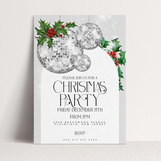 Christmas Party Invitation Disco Ball, Silver Glitter Holiday Party Invite, Modern Christmas Event, Editable Template