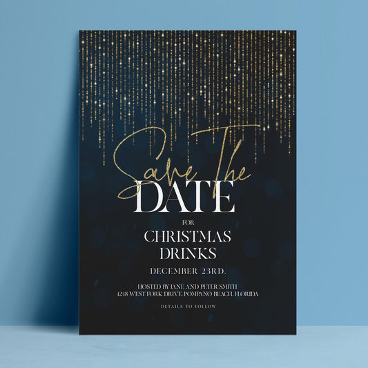 Editable Christmas drinks save the date with cascading gold glitter string lights on navy background — digital download template via Corjl