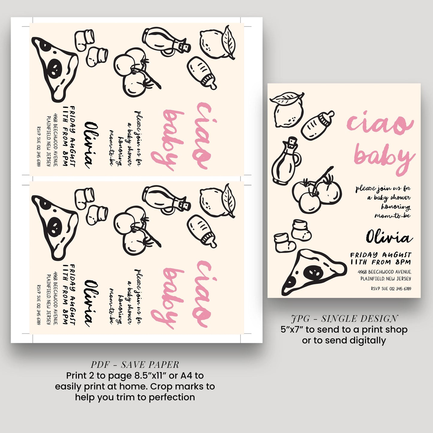 a baby shower invitation featuring a pizza and various baby-related items, such as bottles and pacifiers. The invitation is designed to be printed on paper or sent digitally, and it includes details about the event, such as the date, time, location, and RSVP instructions.