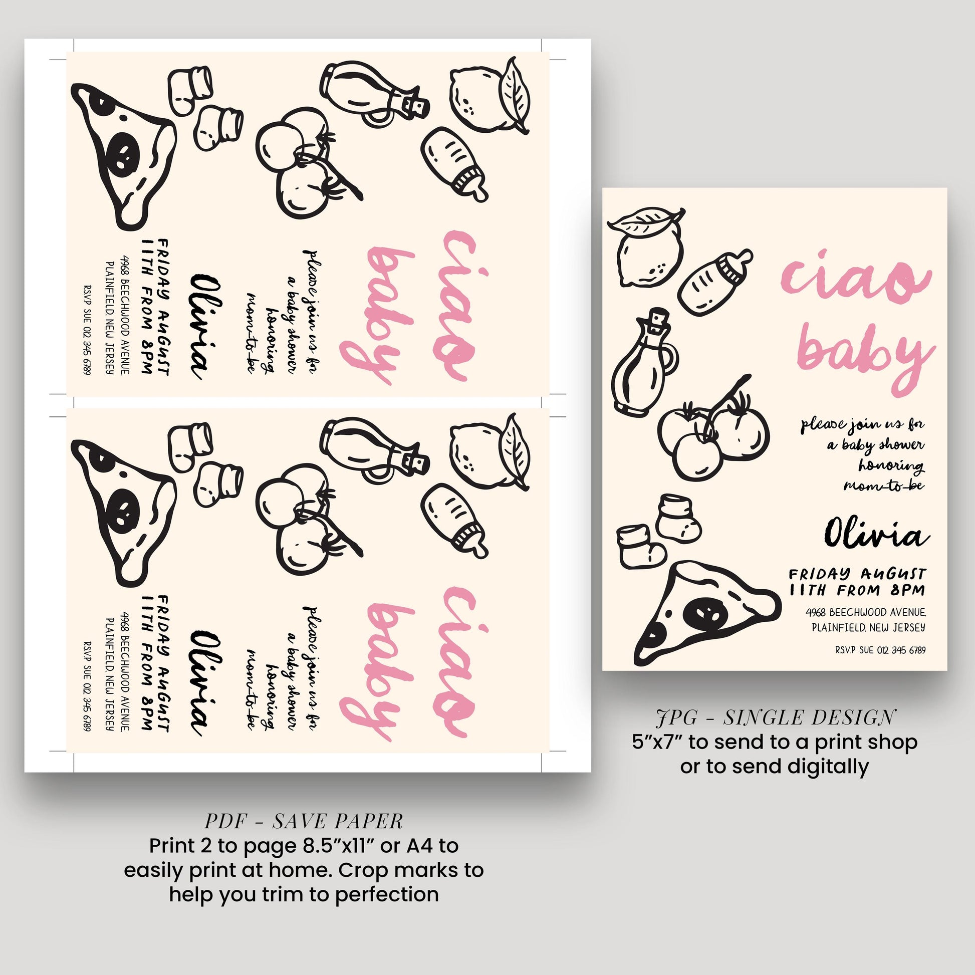 a baby shower invitation featuring a pizza and various baby-related items, such as bottles and pacifiers. The invitation is designed to be printed on paper or sent digitally, and it includes details about the event, such as the date, time, location, and RSVP instructions.