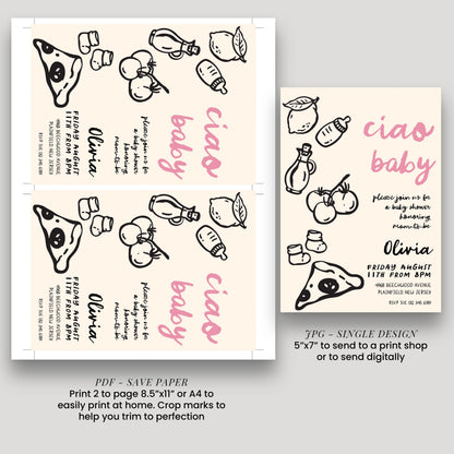 a baby shower invitation featuring a pizza and various baby-related items, such as bottles and pacifiers. The invitation is designed to be printed on paper or sent digitally, and it includes details about the event, such as the date, time, location, and RSVP instructions.