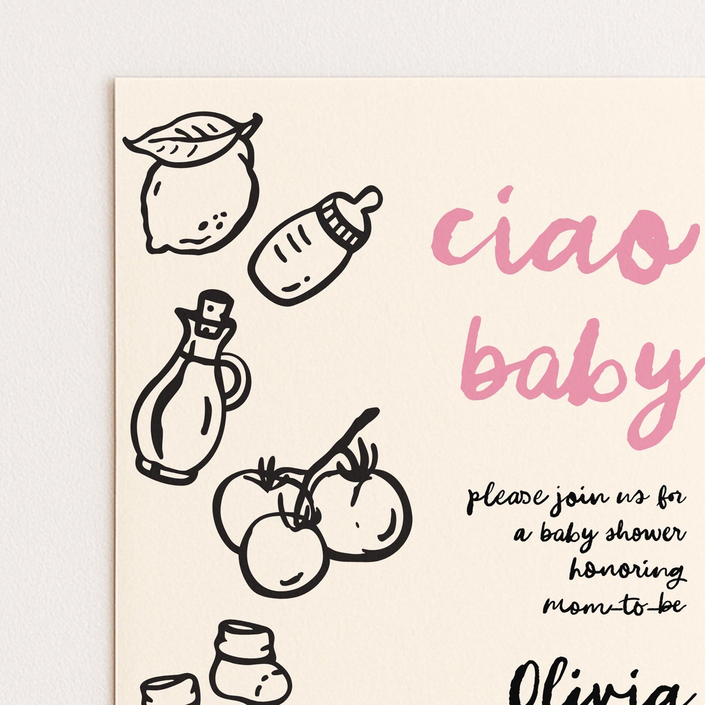 The image is a baby shower invitation featuring various baby-related items such as a bottle, a lemon, and tomatoes, along with the text "ciao baby" and "Please join us for a baby shower honoring mom-to-be" in a pink and black color scheme.