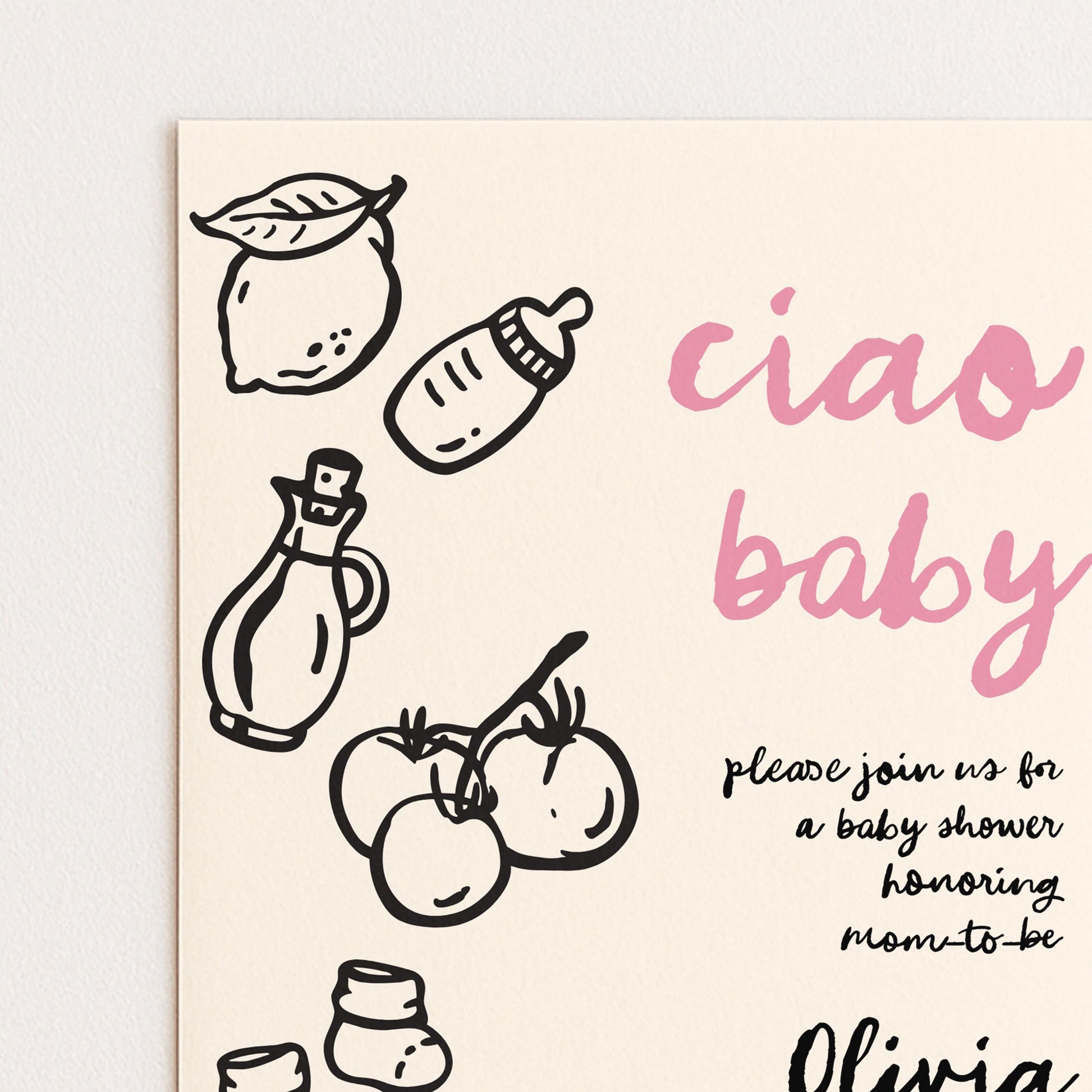 The image is a baby shower invitation featuring various baby-related items such as a bottle, a lemon, and tomatoes, along with the text "ciao baby" and "Please join us for a baby shower honoring mom-to-be" in a pink and black color scheme.
