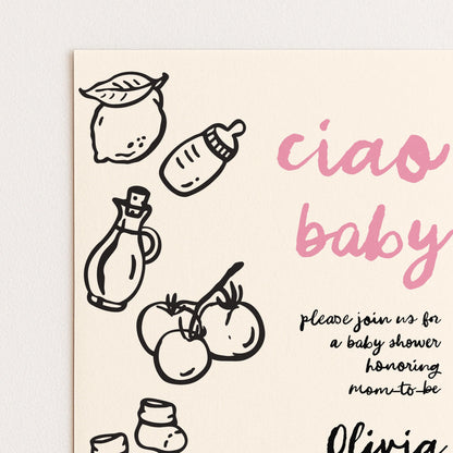 The image is a baby shower invitation featuring various baby-related items such as a bottle, a lemon, and tomatoes, along with the text "ciao baby" and "Please join us for a baby shower honoring mom-to-be" in a pink and black color scheme.