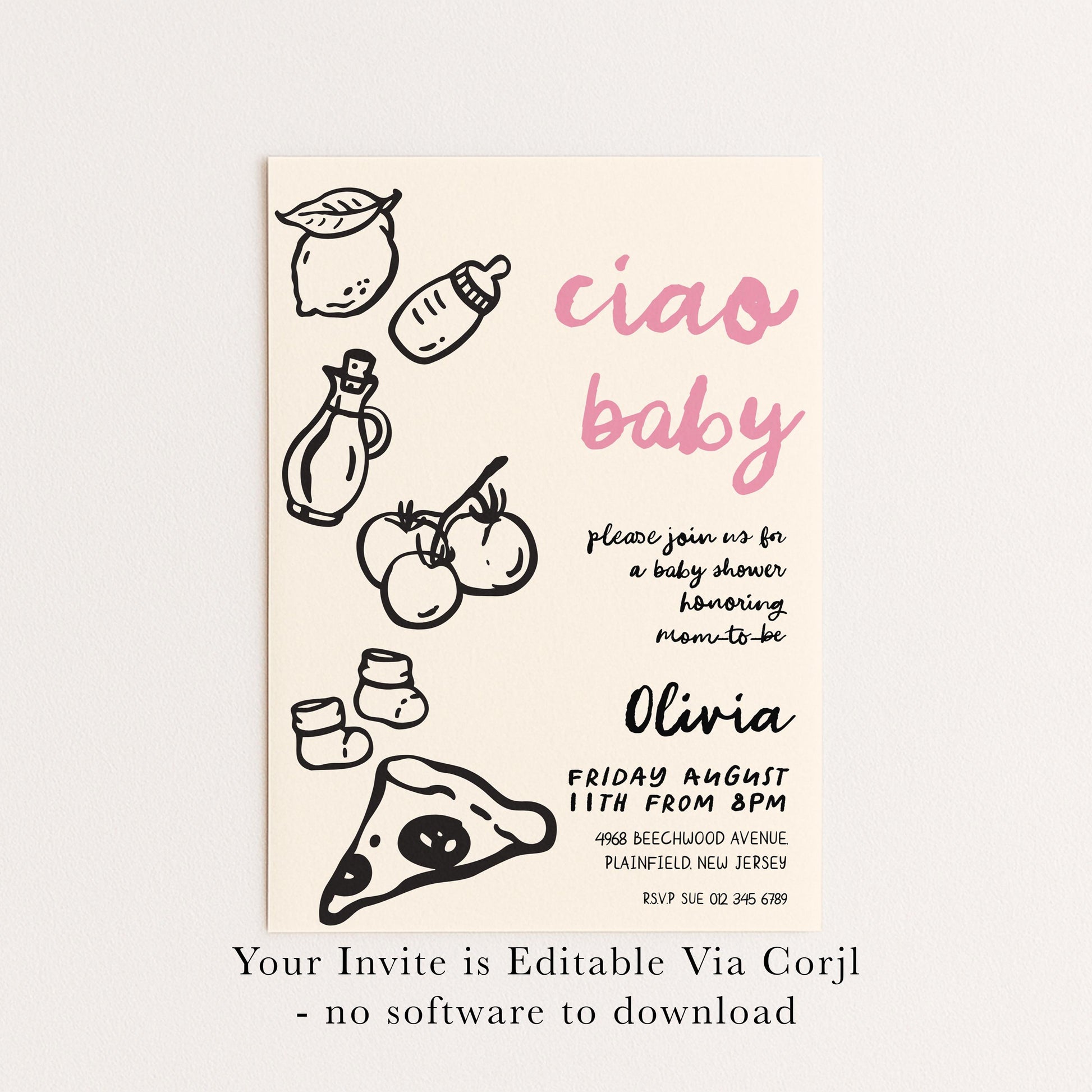 The image is a baby shower invitation featuring a hand-drawn illustration of various baby-related items, such as a bottle, baby booties, and a slice of pizza.
