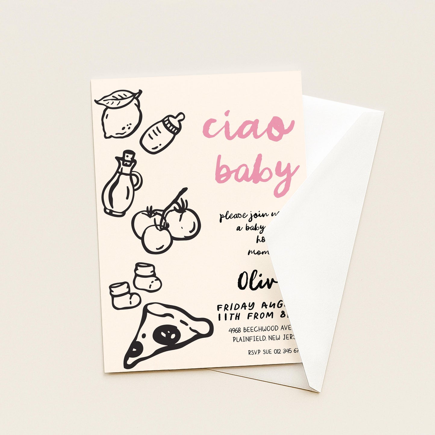 The image is a baby shower invitation featuring a playful design with various baby-related items such as a baby bottle, a lemon, and a slice of pizza.