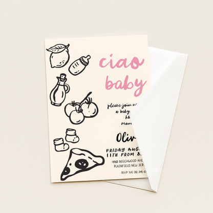 The image is a baby shower invitation featuring a playful design with various baby-related items such as a baby bottle, a lemon, and a slice of pizza.