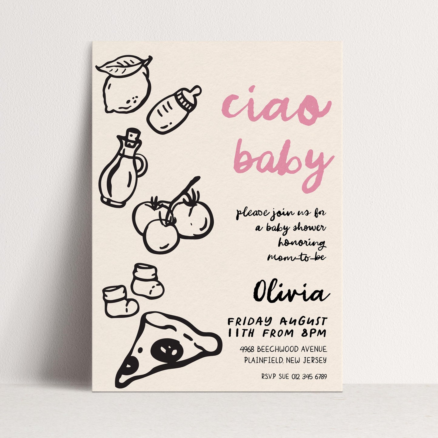 The image is a baby shower invitation featuring a variety of baby-related items such as a baby bottle, baby booties, and a slice of pizza.
