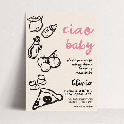 The image is a baby shower invitation featuring a variety of baby-related items such as a baby bottle, baby booties, and a slice of pizza.
