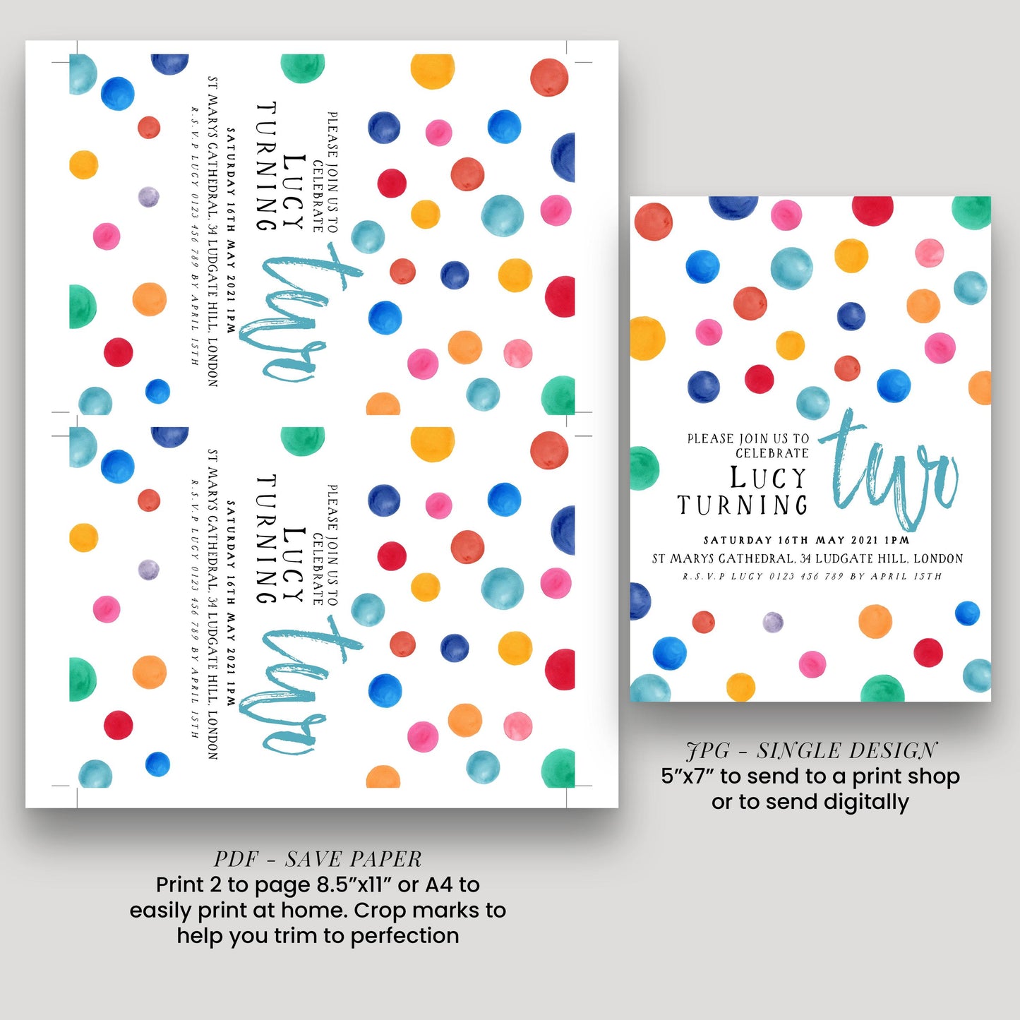 Colorful Polka Dot Birthday Invitation, Fun Modern Party Invite, Kids or Adult Celebration, Bright Editable Template DTS8