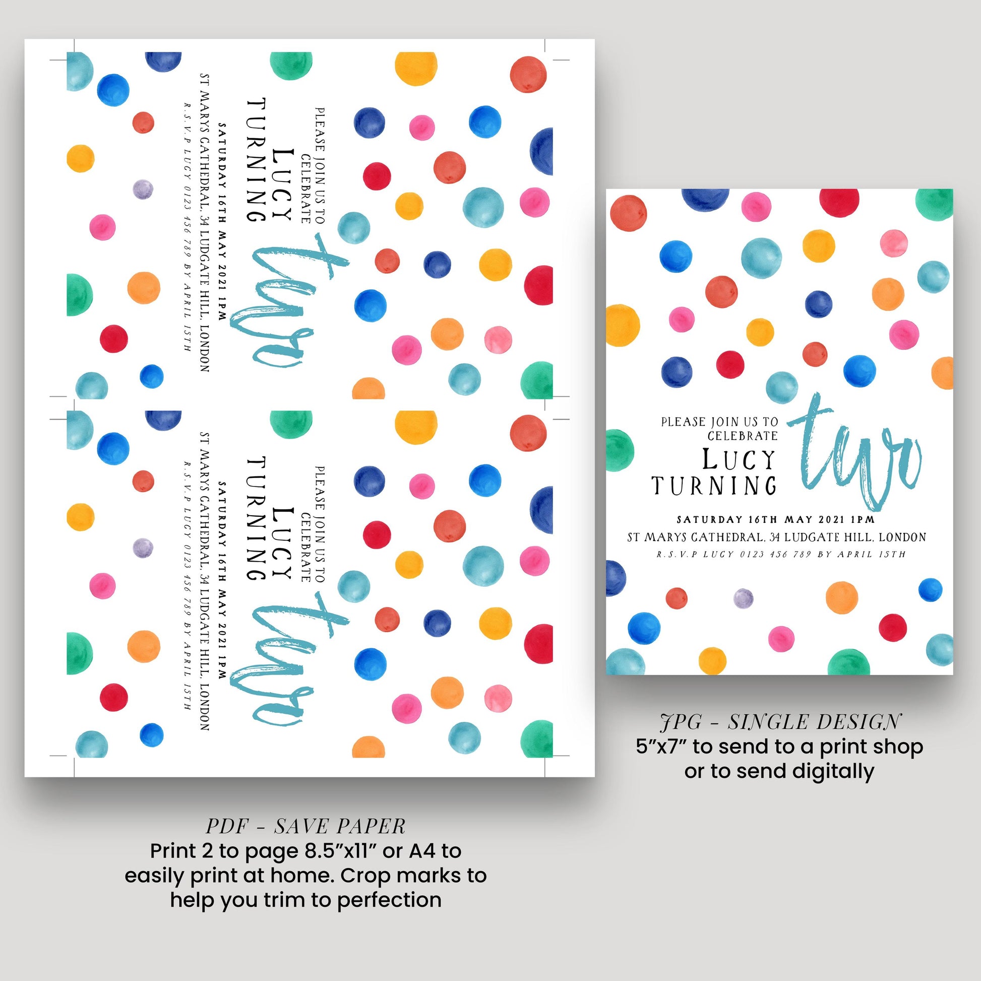 Colorful Polka Dot Birthday Invitation, Fun Modern Party Invite, Kids or Adult Celebration, Bright Editable Template DTS8