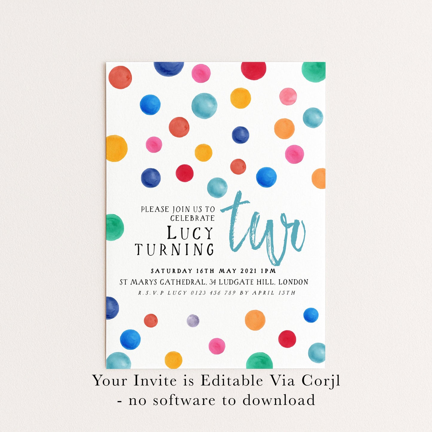 Colorful Polka Dot Birthday Invitation, Fun Modern Party Invite, Kids or Adult Celebration, Bright Editable Template DTS8
