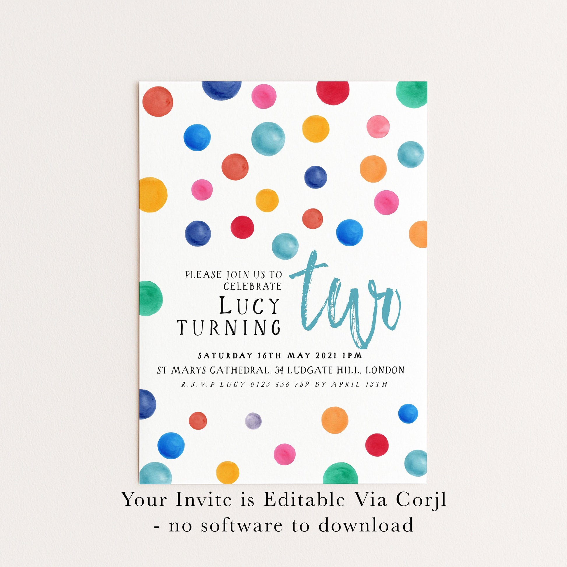 Colorful Polka Dot Birthday Invitation, Fun Modern Party Invite, Kids or Adult Celebration, Bright Editable Template DTS8