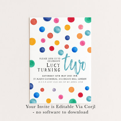 Colorful Polka Dot Birthday Invitation, Fun Modern Party Invite, Kids or Adult Celebration, Bright Editable Template DTS8