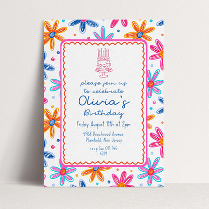 Colourful Flower Birthday Invitation, Doodle Daisy Birthday Party Invite, Fun Floral Birthday Invitation, Editable Printable Template