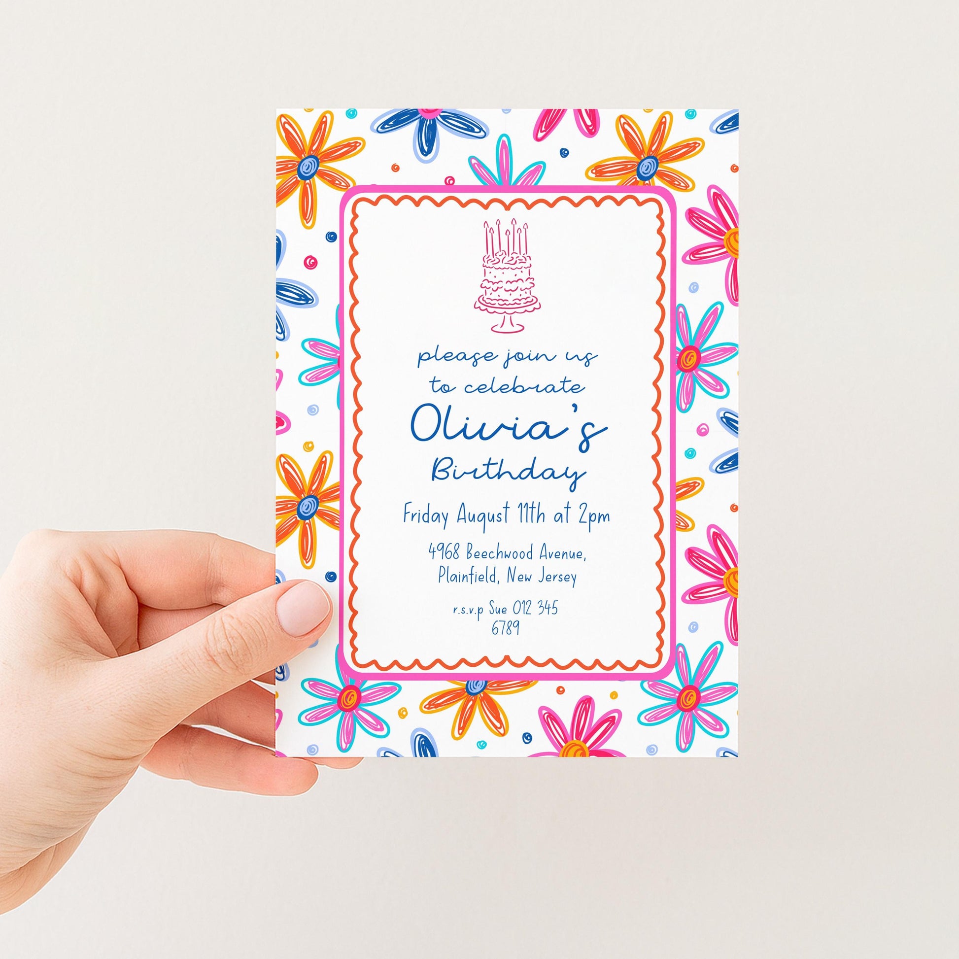 Colourful Flower Birthday Invitation, Doodle Daisy Birthday Party Invite, Fun Floral Birthday Invitation, Editable Printable Template