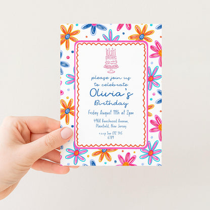 Colourful Flower Birthday Invitation, Doodle Daisy Birthday Party Invite, Fun Floral Birthday Invitation, Editable Printable Template