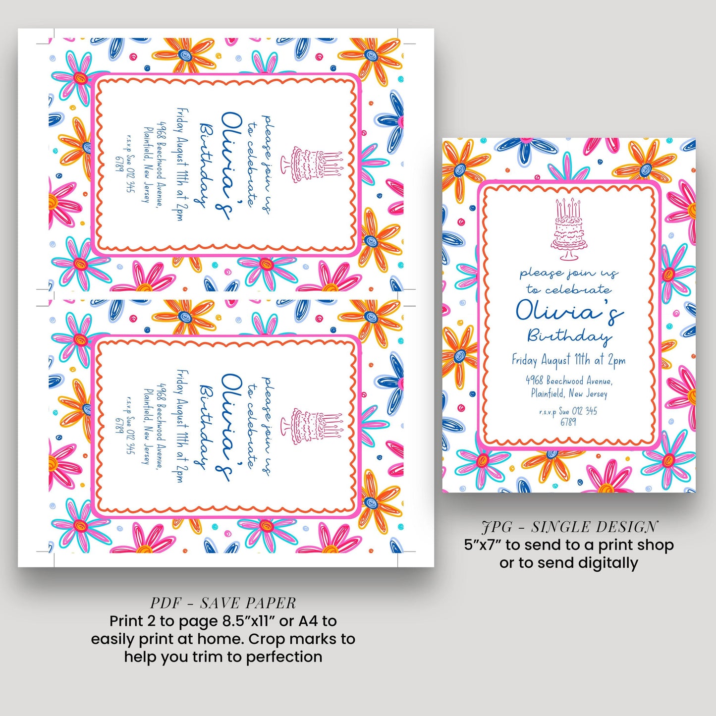 Colourful Flower Birthday Invitation, Doodle Daisy Birthday Party Invite, Fun Floral Birthday Invitation, Editable Printable Template