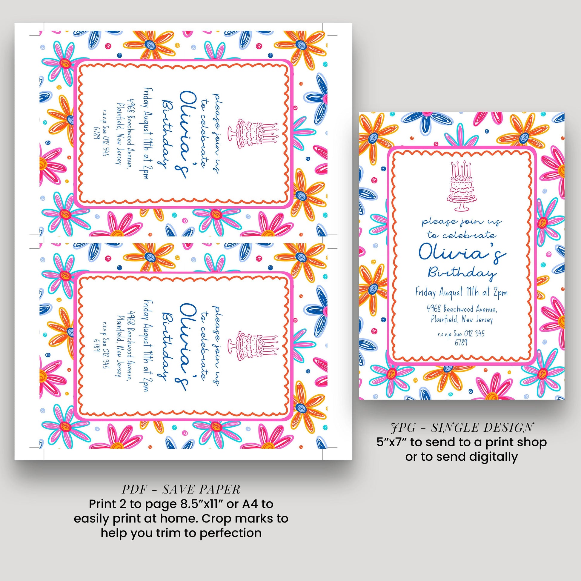 Colourful Flower Birthday Invitation, Doodle Daisy Birthday Party Invite, Fun Floral Birthday Invitation, Editable Printable Template